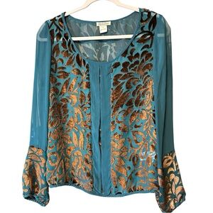 Lucky Brand Teal Blue Brown Velvet Burnout Blouse Top Small